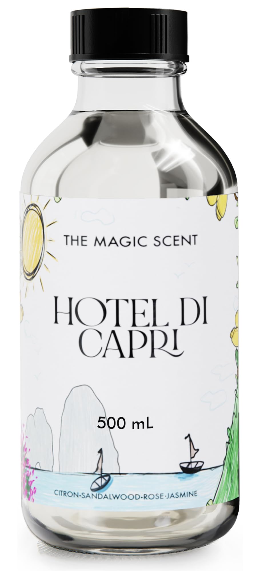 Front view of The Magic Scent Hotel Di Capri diffuser oil bottle, 500 ml