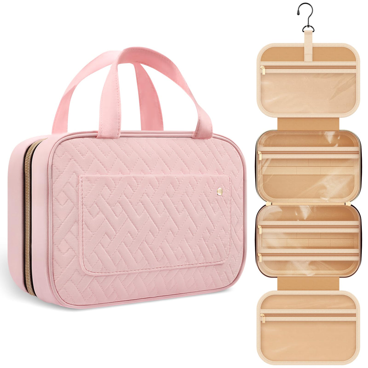 HOTOR travel toiletry bag for women in pink, closed for compact organization on trips