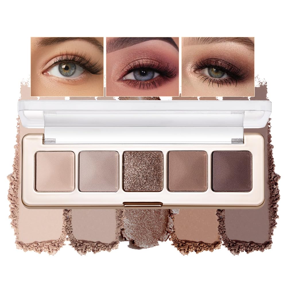 Houksouml 5-color eyeshadow palette open with nude, brown, and pink shades for versatile daily looks.