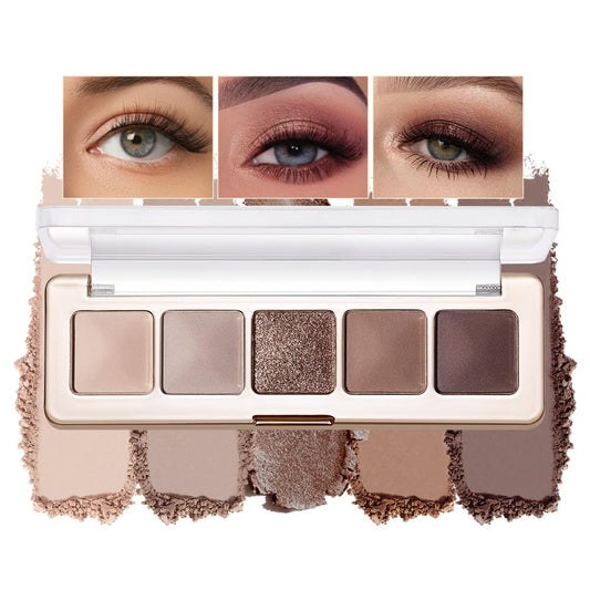 Houksouml 5-color eyeshadow palette open with nude, brown, and pink shades for versatile daily looks.