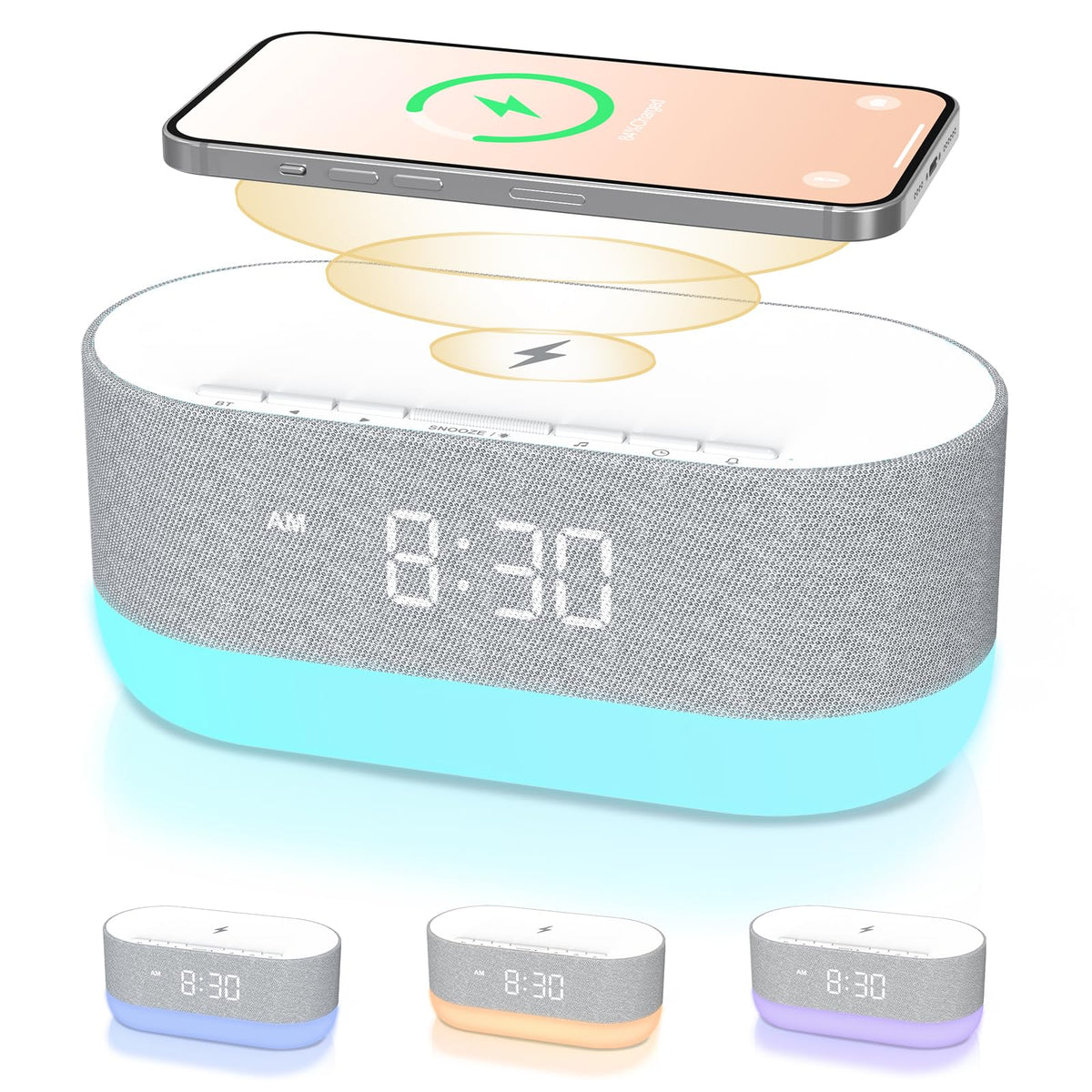 HOUSBAY 3in1 sound machine on nightstand shows compact alarm clock and sleep aid.