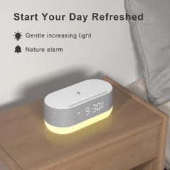 HOUSBAY sleep-wake routine display shows gentle wake with soft sunrise cue.
