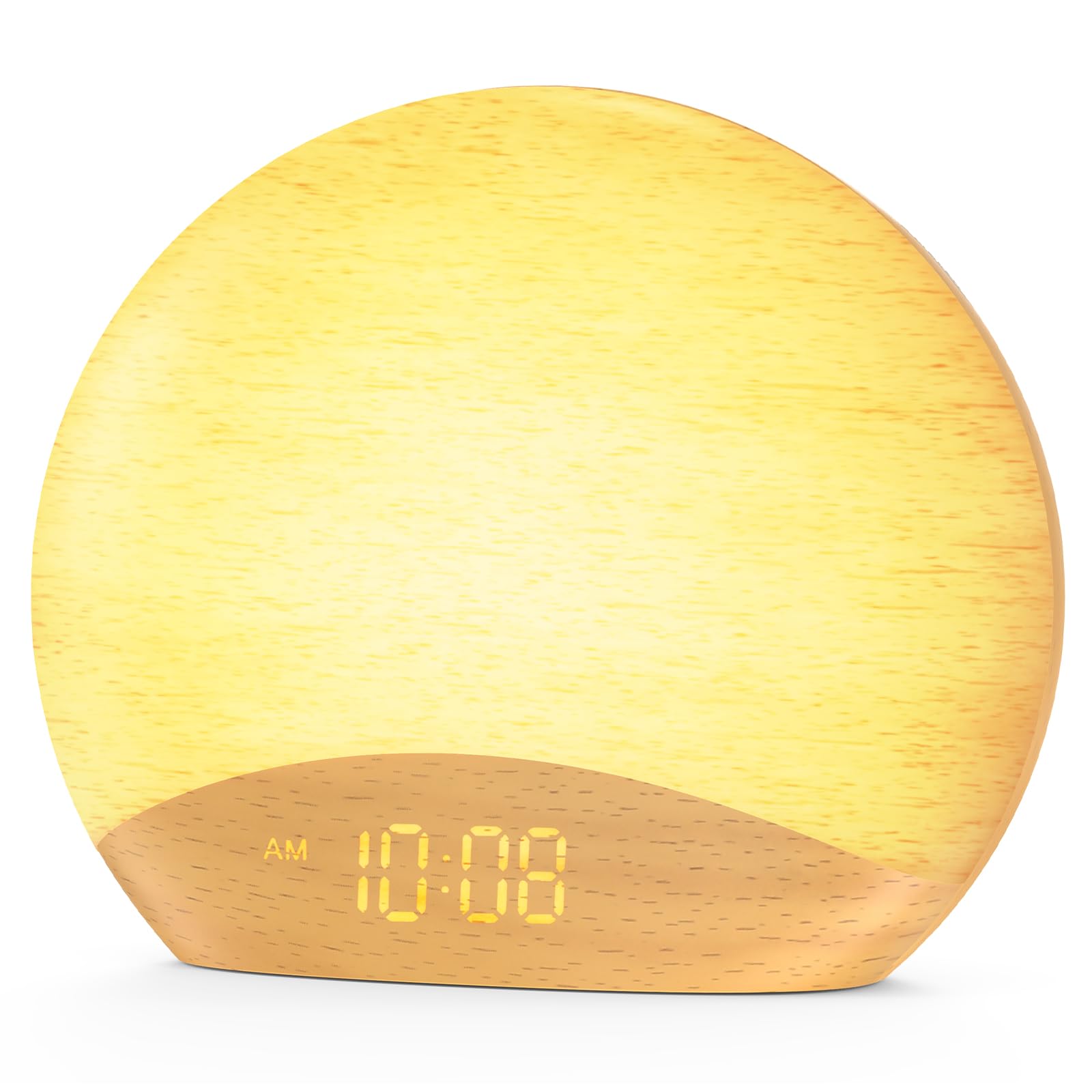 Housbay Sunrise Alarm Clock front view showing wooden tone and soft display for gentle wake.