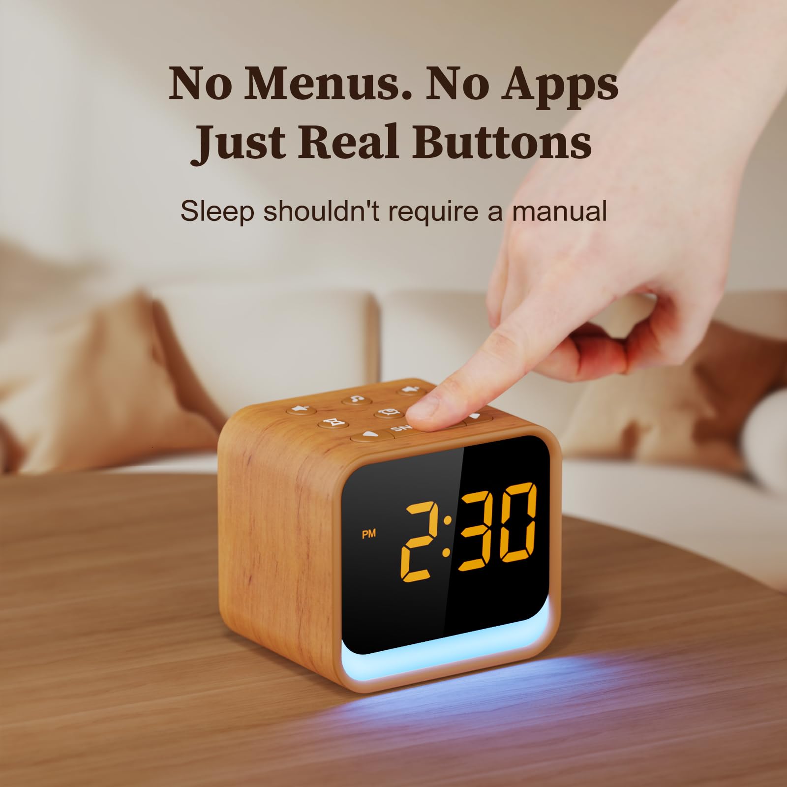 Housbay wood-grain design clock blends with decor while offering simple sleep-mode control.