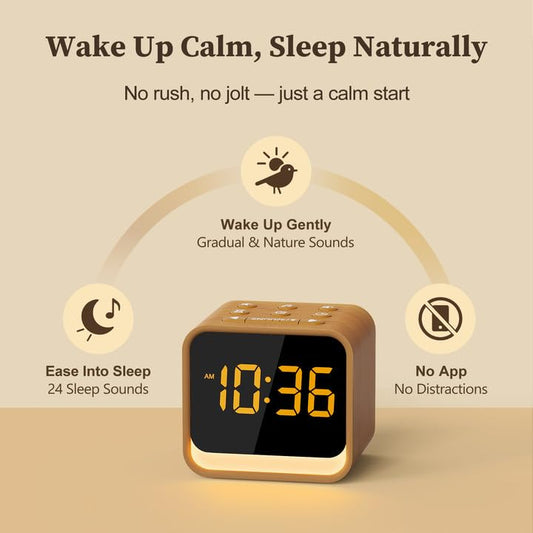 Housbay wooden alarm clock on nightstand demonstrates compact design for clutter-free space.