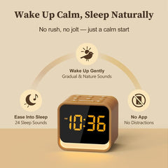 Housbay wooden alarm clock on nightstand demonstrates compact design for clutter-free space.