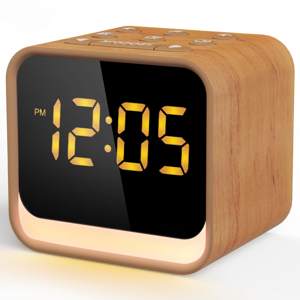 Housbay wooden sound machine closeup highlights natural grain for nightstand décor and sleep aid.