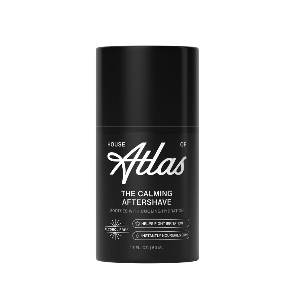 House of Atlas Calming Aftershave bottle close-up showing soothing, alcohol-free formula for sensitive skin.