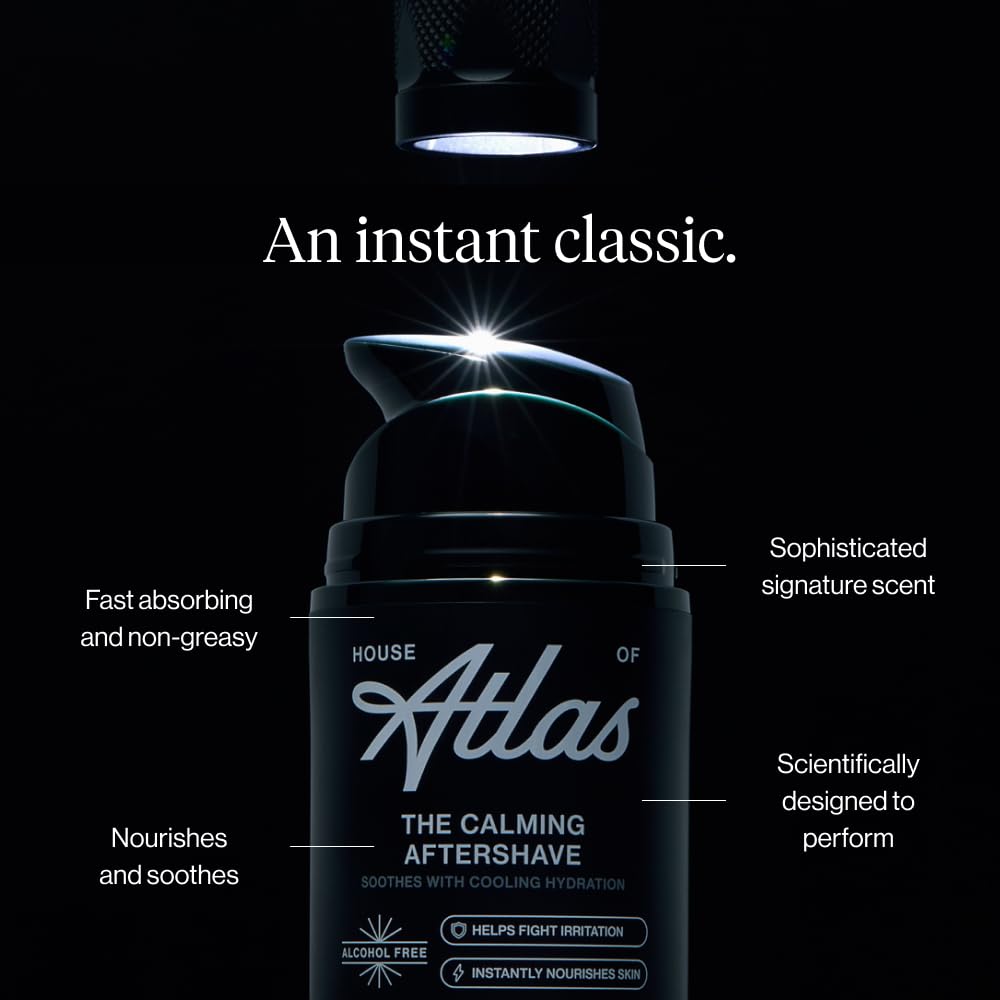 House of Atlas Calming Aftershave ingredients highlight aloe, chamomile, and witch hazel for post-shave comfort.