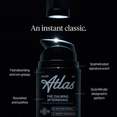 House of Atlas Calming Aftershave ingredients highlight aloe, chamomile, and witch hazel for post-shave comfort.