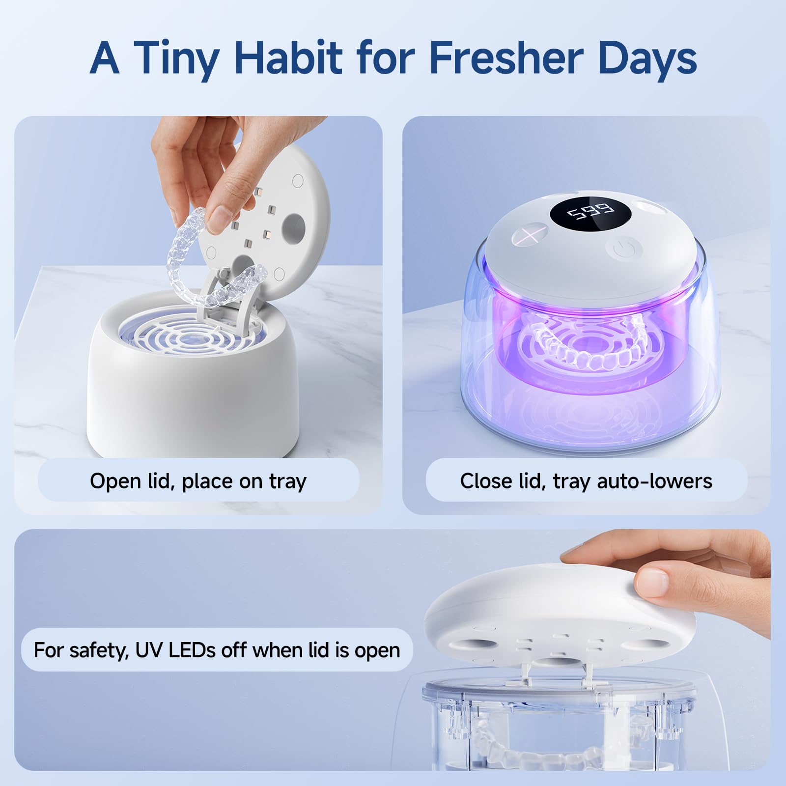 Retainers, dentures, aligners, and toothbrush heads placed for cleaning