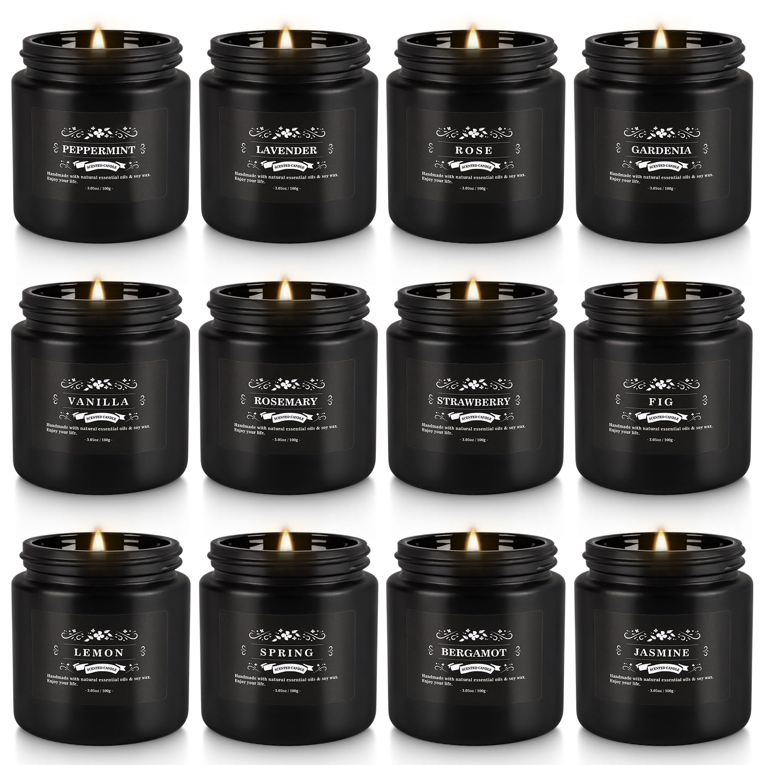 Howemon 12-pack scented candle set in black jars - assorted scents