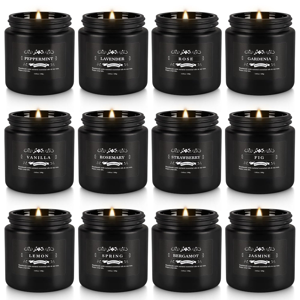 Howemon 12-pack scented candle set in black jars - assorted scents