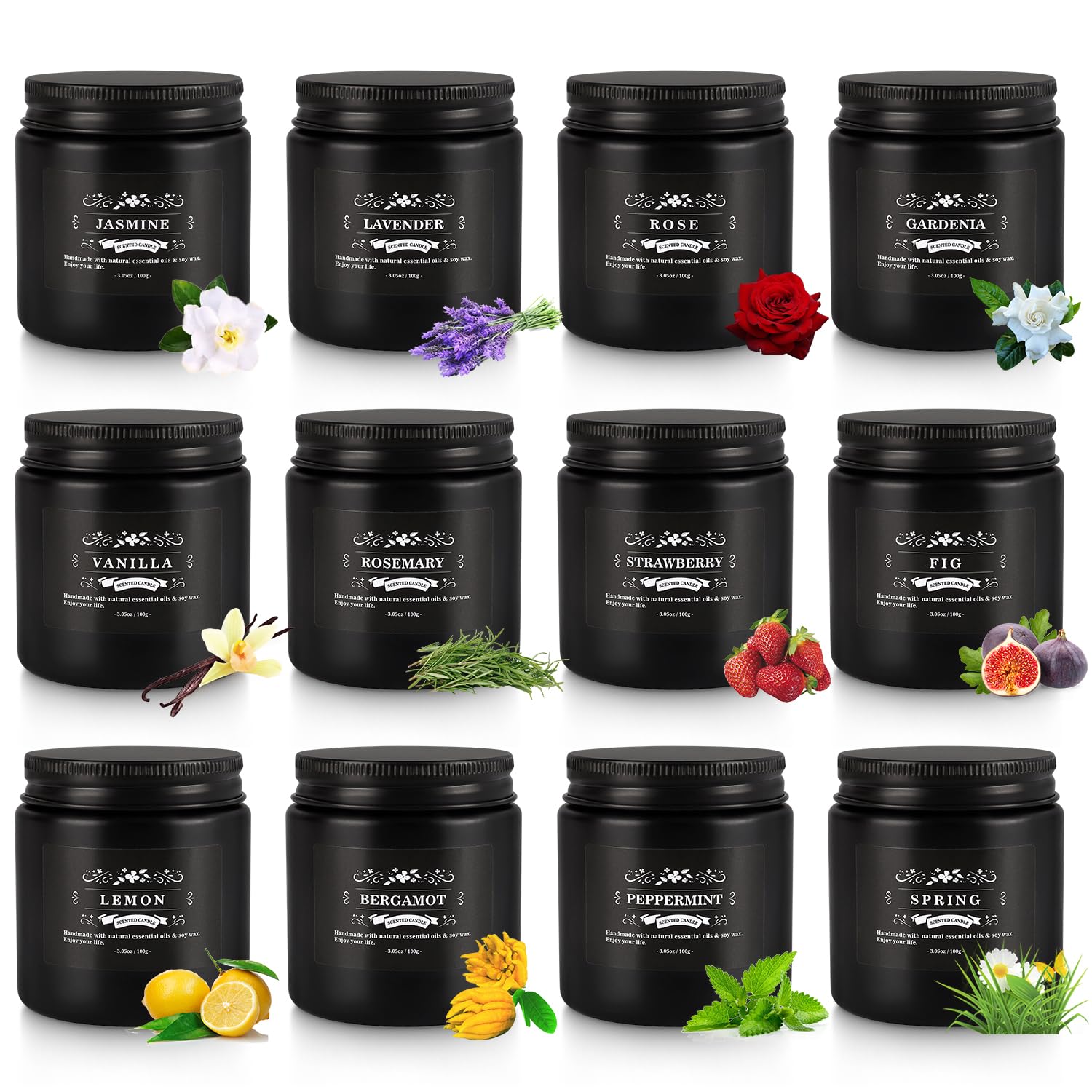 Close-up of Howemon candle jars in black glass with lids