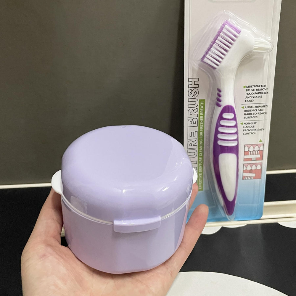 Howinn denture bath case purple – open lid showing denture cup