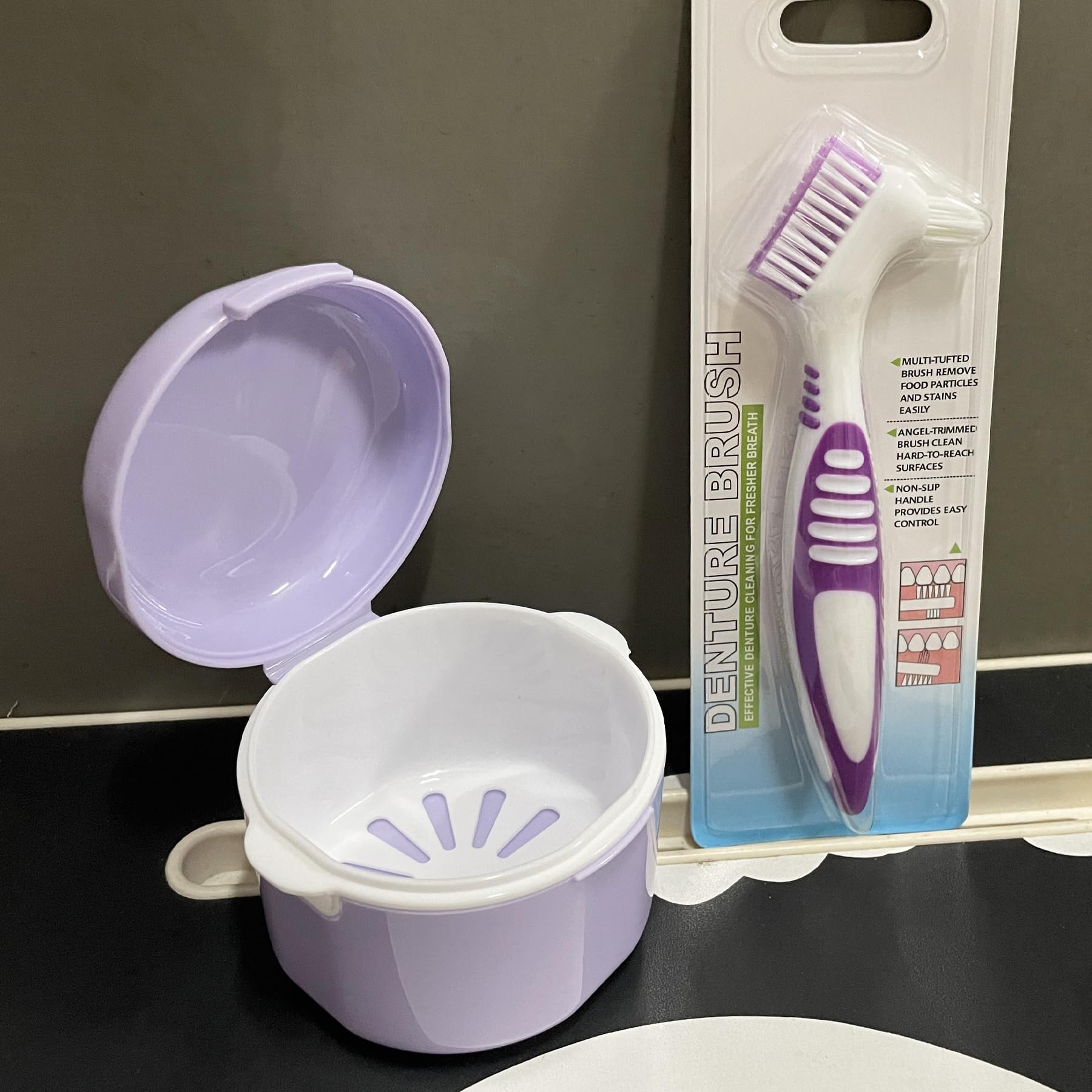 Howinn denture bath case purple – two-sided handles and compact design