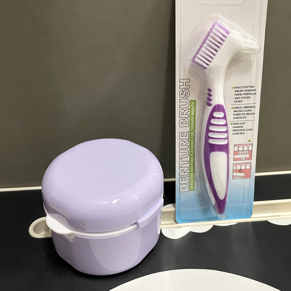 Howinn denture bath case purple – used with denture cleaner brush