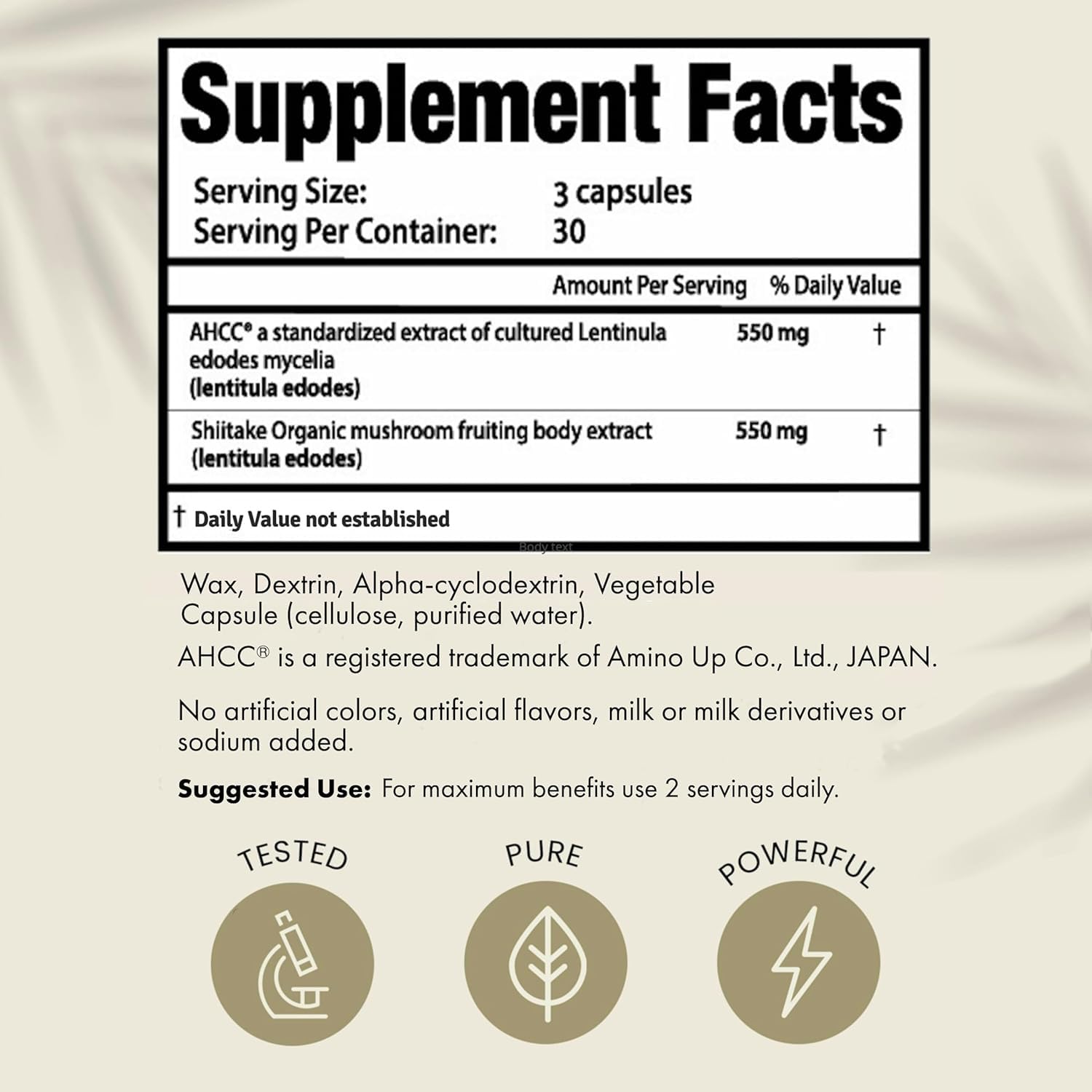 HPD Rx Premium AHCC and Shiitake label closeup shows high-quality, Japan-sourced ingredients
