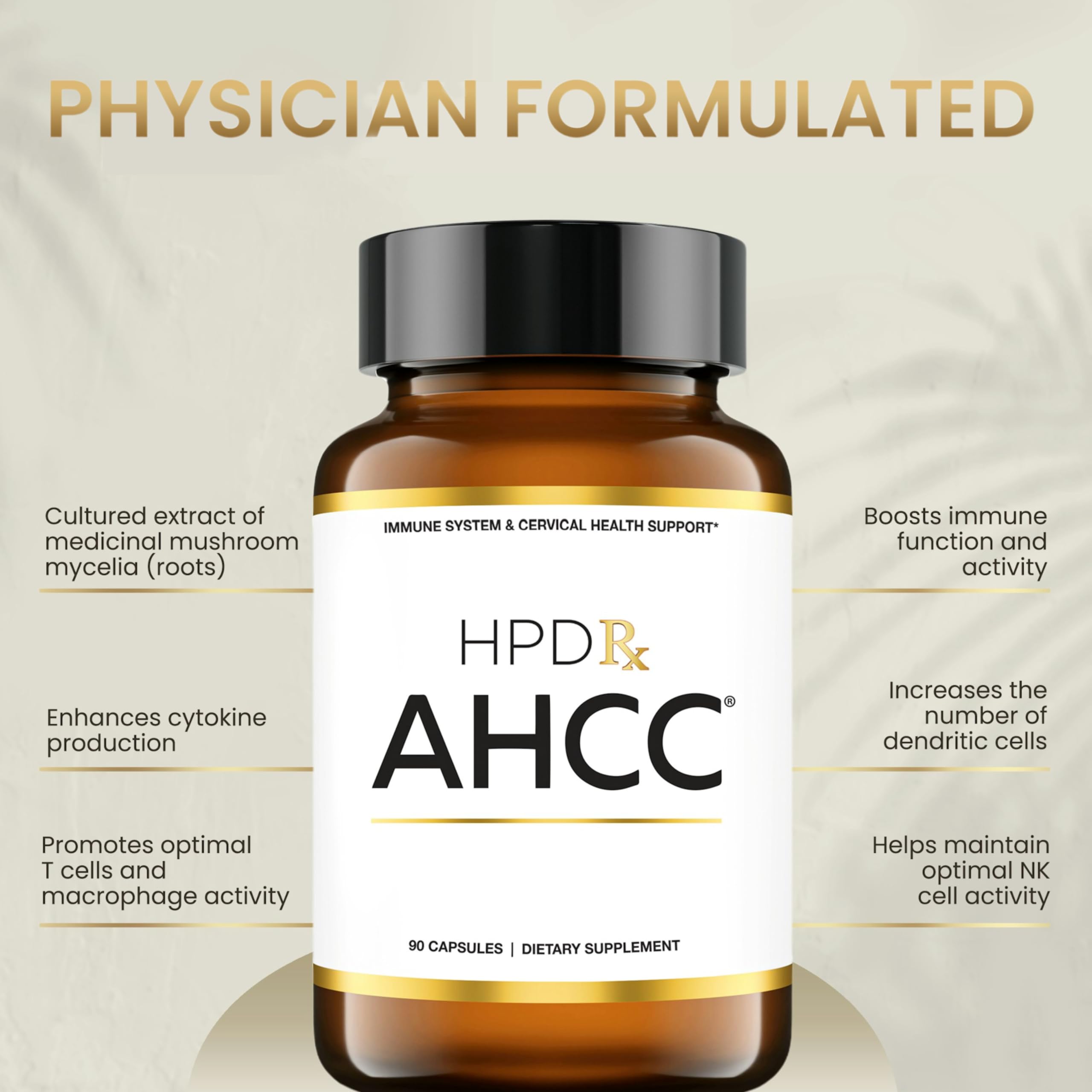 Capsules and bottle showcasing 1100 mg AHCC and Shiitake