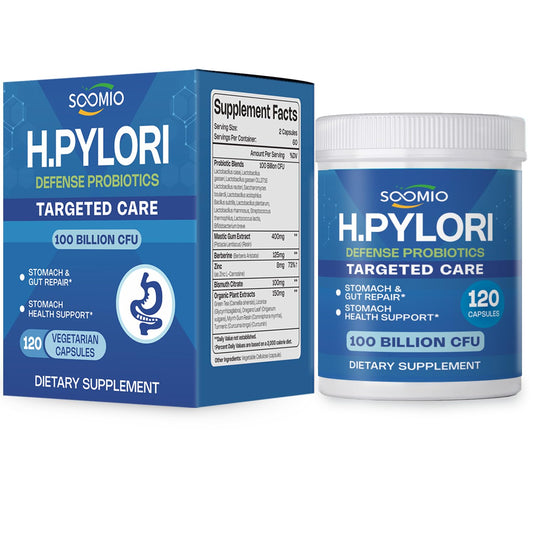 Bottle of H. pylori support probiotic with 100B CFU capsules