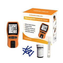 Portable hemoglobin analyzer shown with strips included.