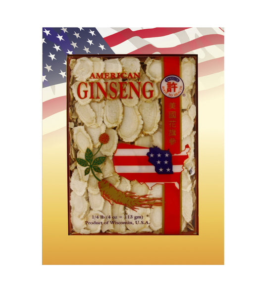 Front view of Hsu's 0126-4 Wisconsin-Grown American Ginseng mixed slices 4oz box