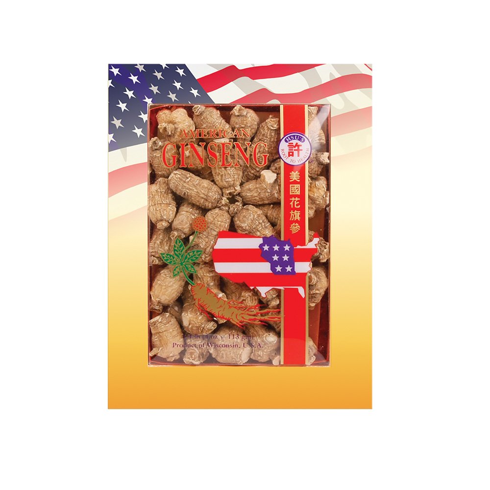 Front view of Hsu's Ginseng Short Jumbo Ginseng Roots 4oz box