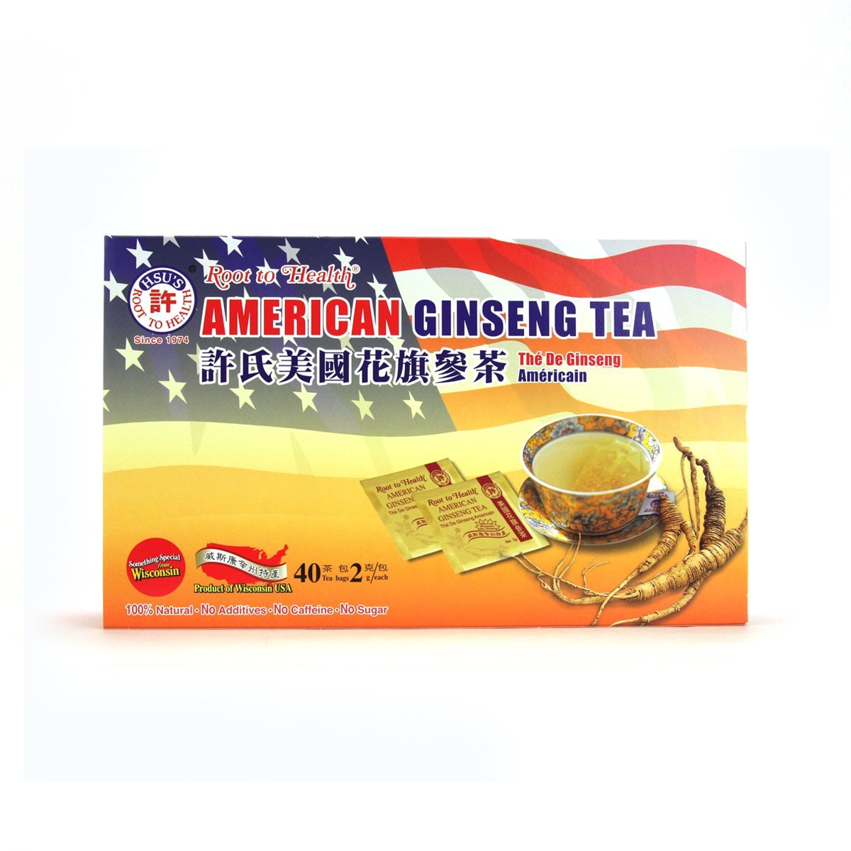 Hsu's American Ginseng Tea Bags 40-count box, Wisconsin-grown ginseng