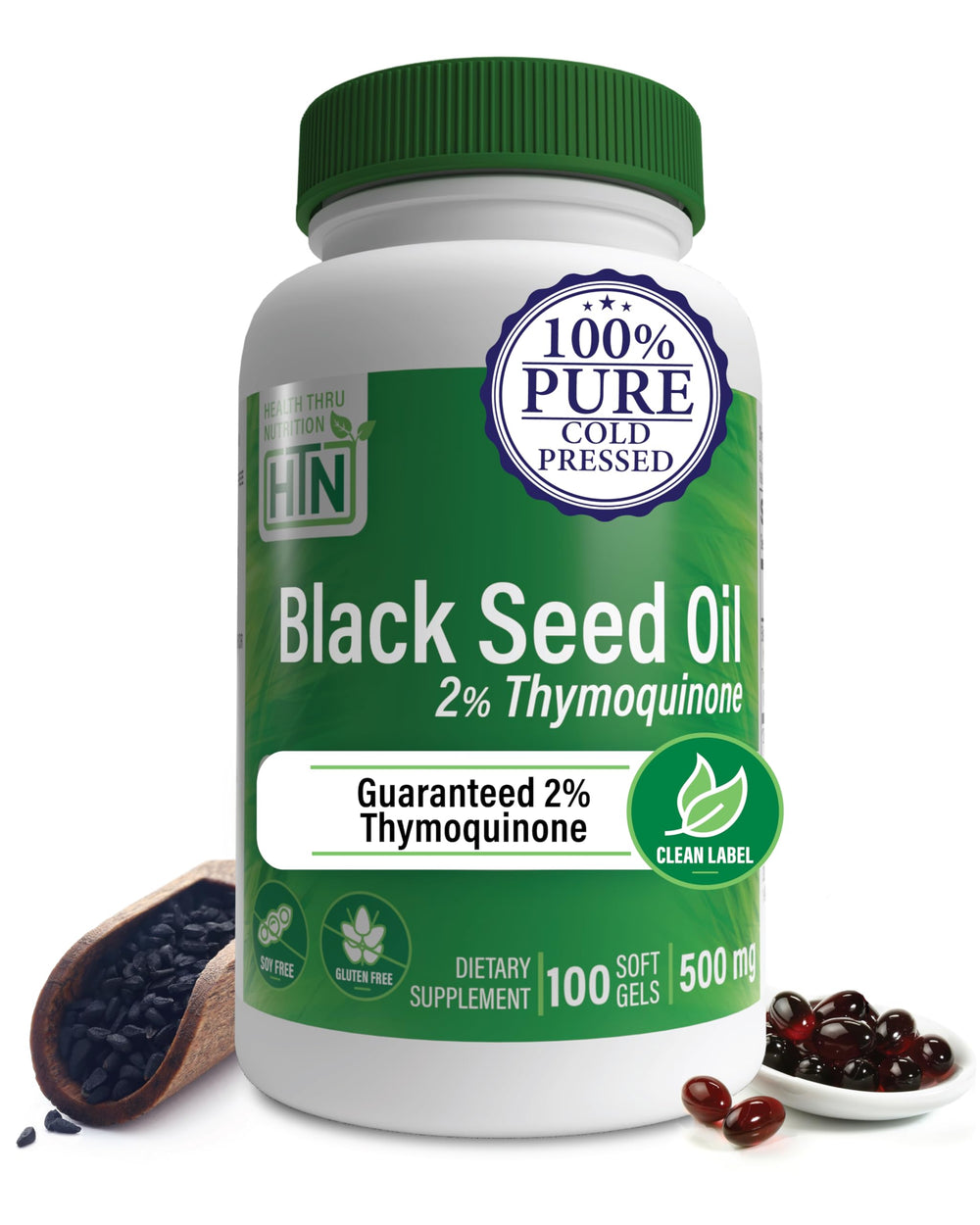 Health Thru Nutrition Black Seed Oil 500mg bottle – front view