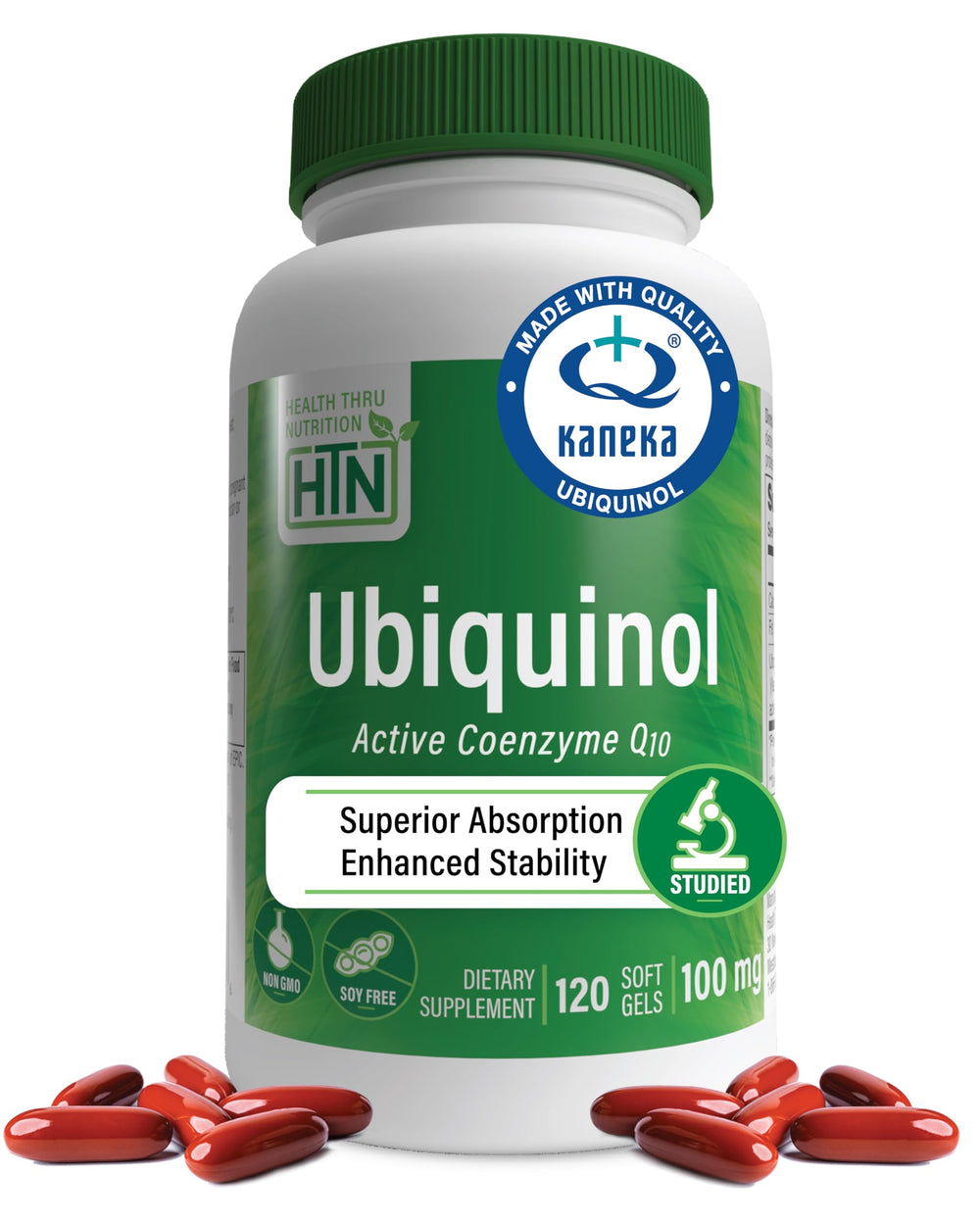Front view of Health Thru Nutrition Ubiquinol 100mg 120 Softgels bottle