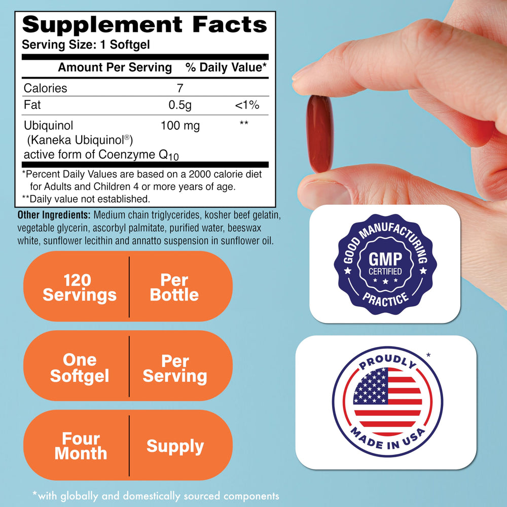 Product label showing Kaneka QH Ubiquinol 100mg information