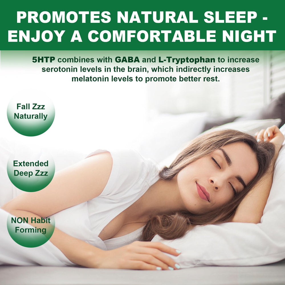 Illustration of ingredients: 5-HTP, GABA, L-Theanine, L-Tryptophan