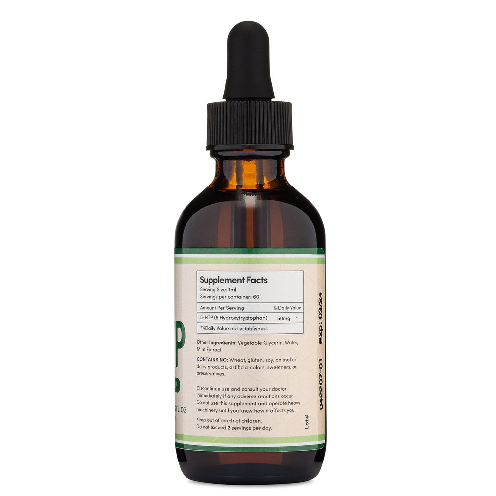 Supplement facts panel highlighting high-absorption 5-HTP drops