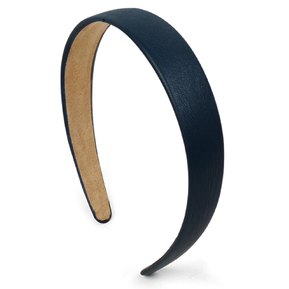 Huachi navy blue headband 1inch close-up, soft faux leather for comfortable daily wear.