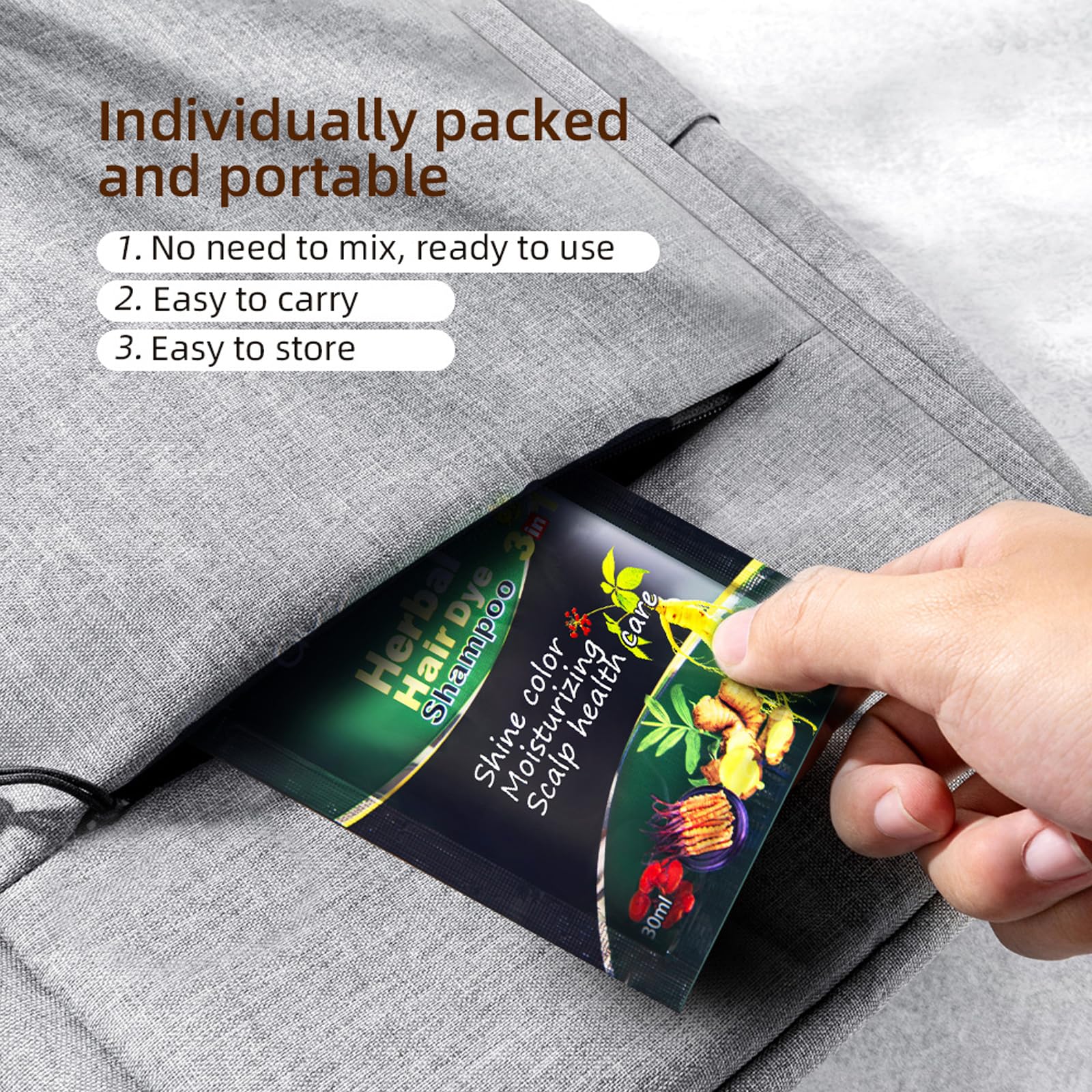 HUDABABY chestnut brown dye shampoo packaging for travel use
