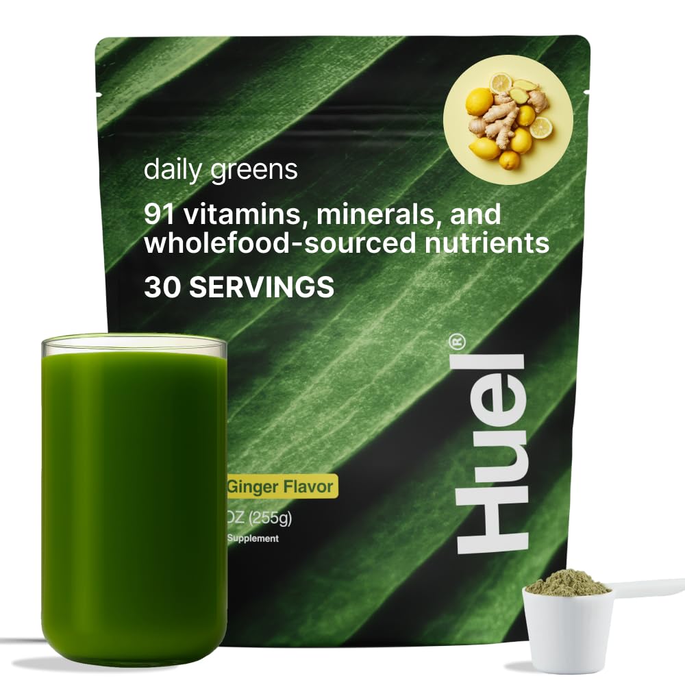 Front view of Huel Daily Greens Lemon and Ginger tub
