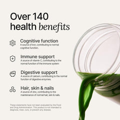 Huel Daily Greens scoop alongside ingredients, hinting at blends like adaptogens and botanicals