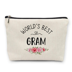 Huester Gram Gifts makeup bag closeup stitching shows durable linen for everyday travel.