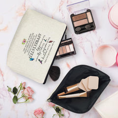 huester makeup bag linen texture close-up highlighting durable material.