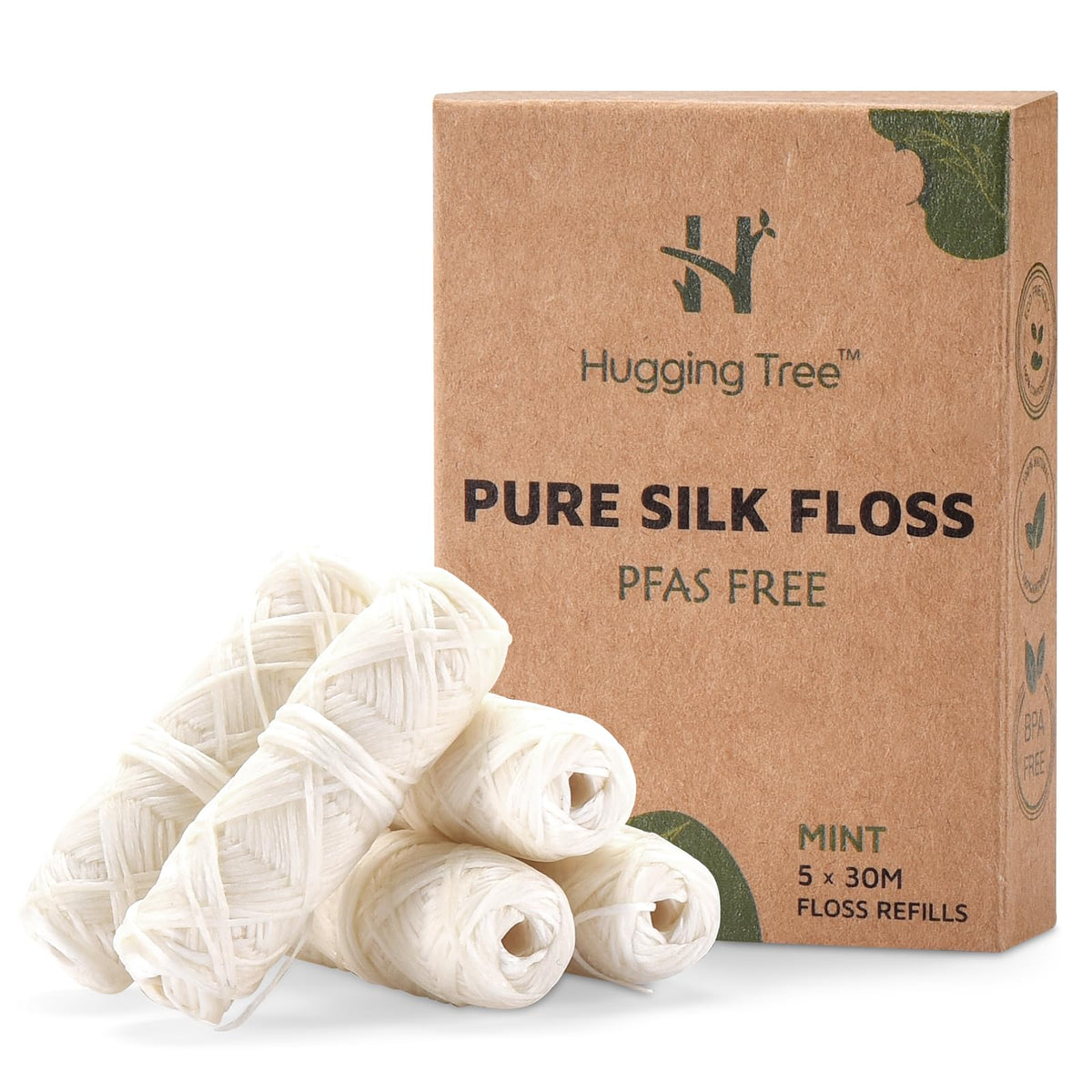 Hugging Tree silk dental floss refills in mint, 5-pack, 33 yards each