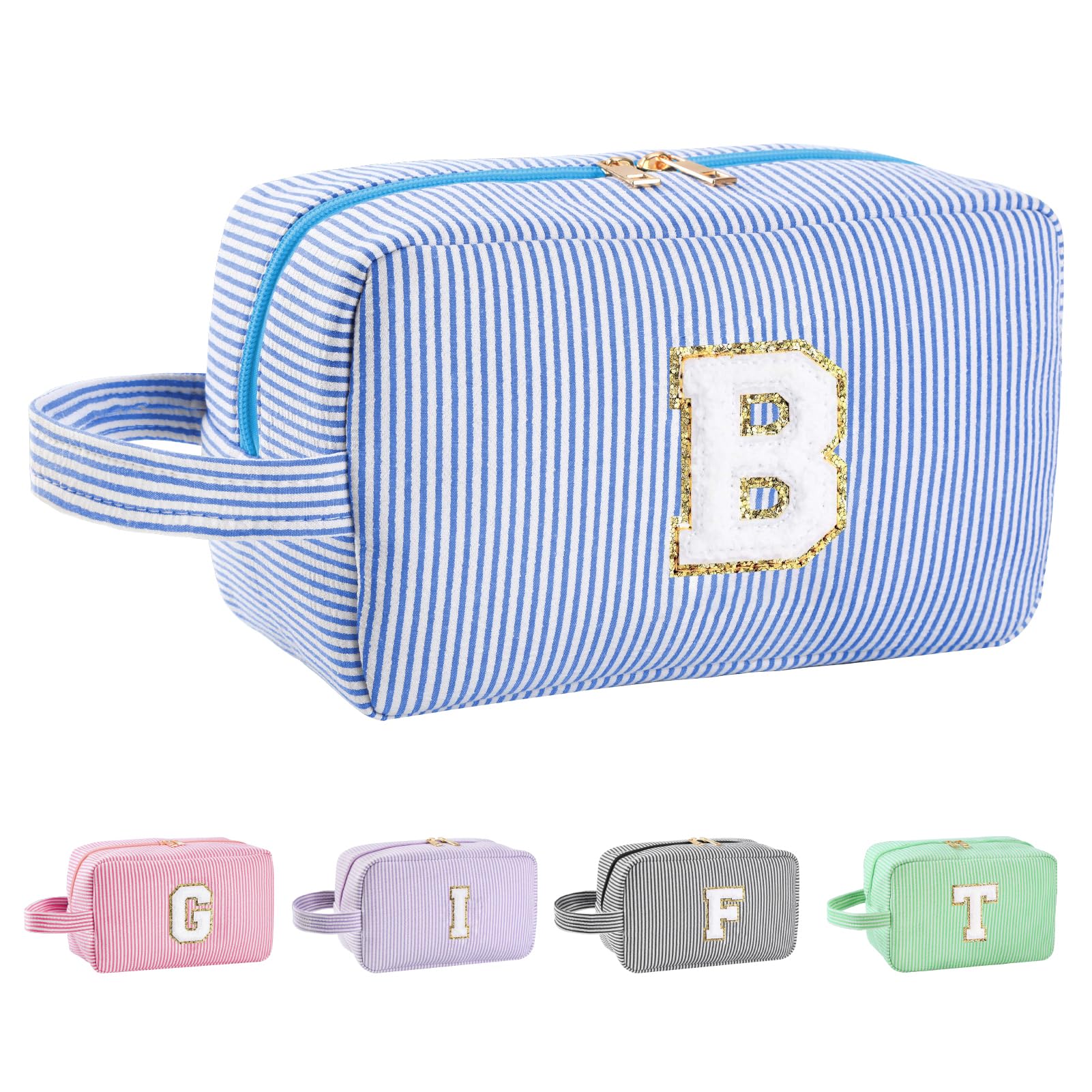 Huifen initial makeup bag in blue, front view, ideal for daily organization