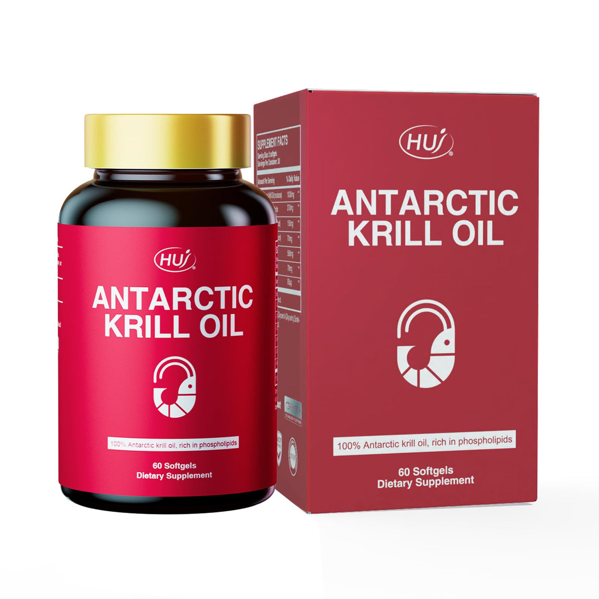 HUJ Antarctic Krill Oil 1000mg bottle with 60 softgels, front view