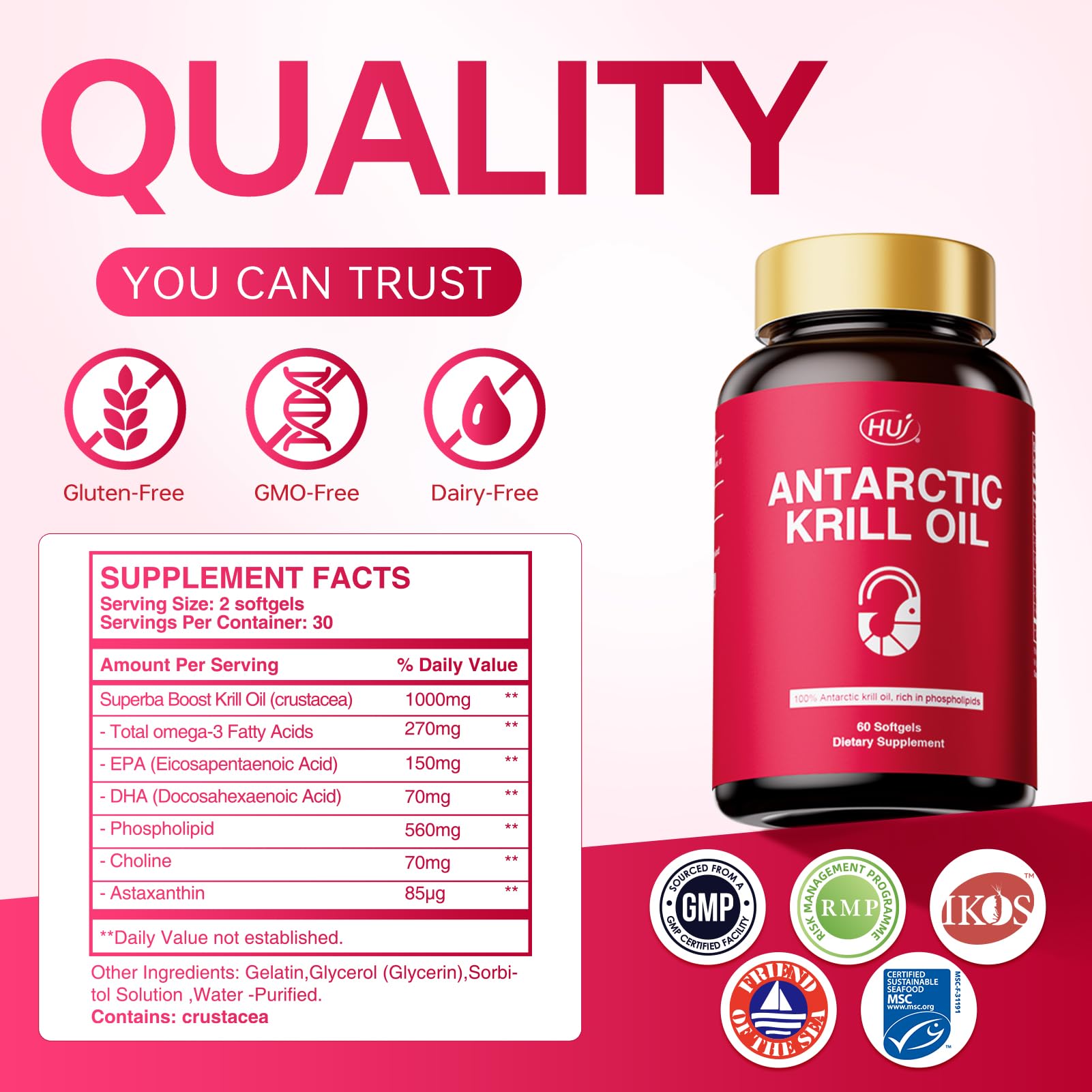 Nutrition facts panel for HUJ Antarctic Krill Oil 1000mg