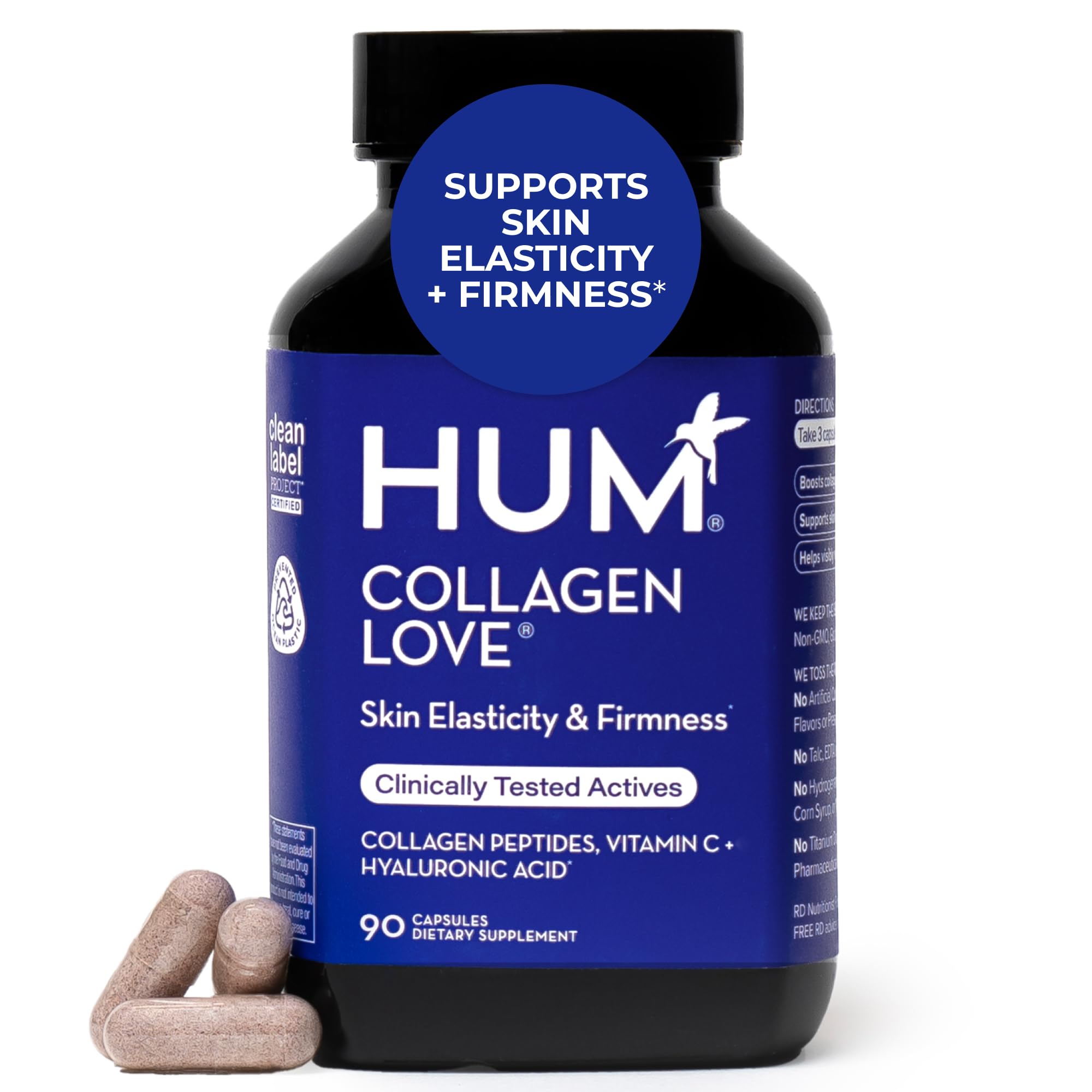 Front view of HUM Collagen Love Skin supplement bottle with 90 capsules