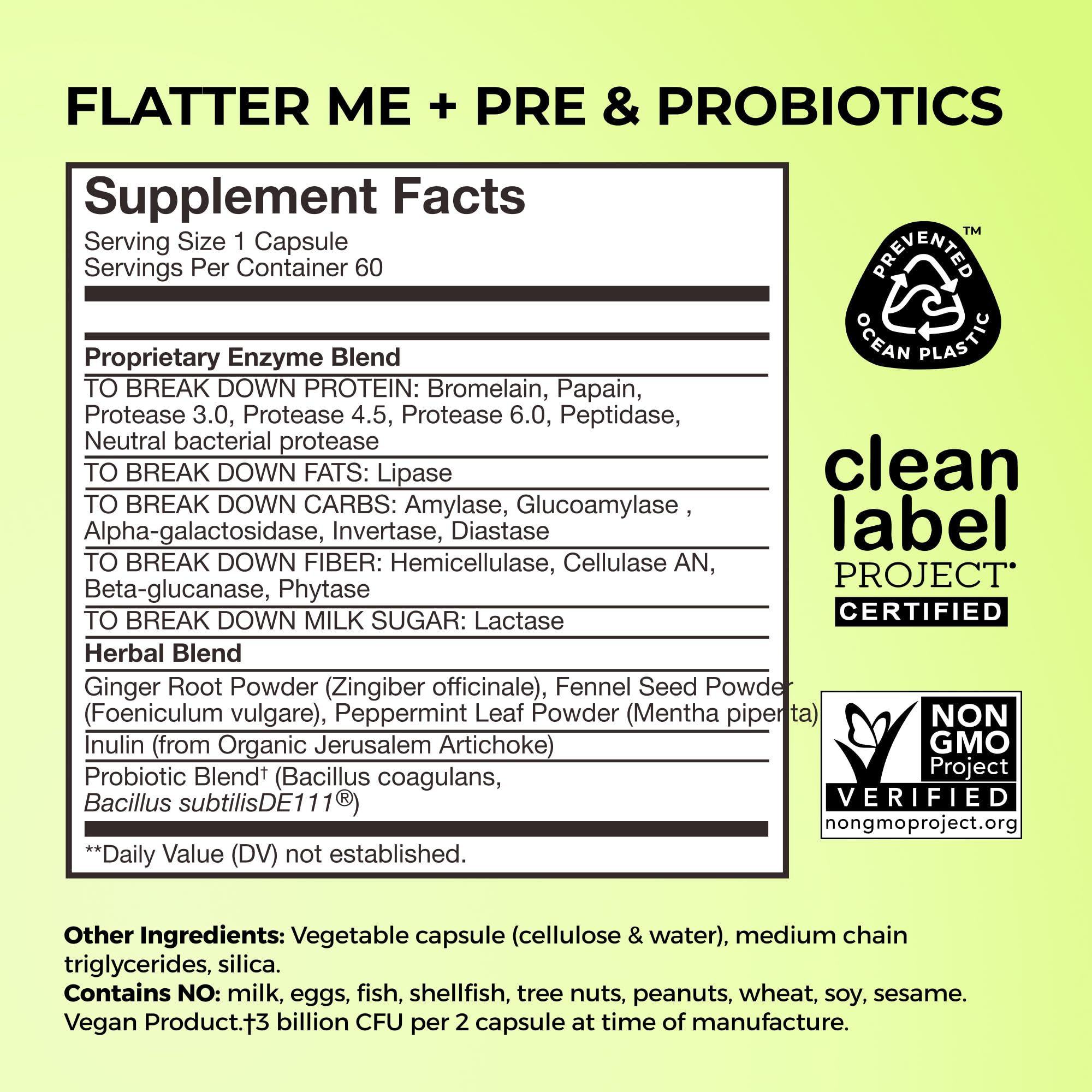 Close-up of Flatter Me digestive enzyme capsules