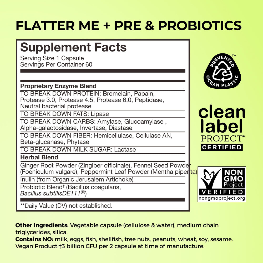 Close-up of Flatter Me digestive enzyme capsules