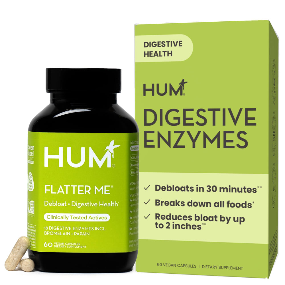 Bottle and packaging of HUM Flatter Me Digestive Enzymes
