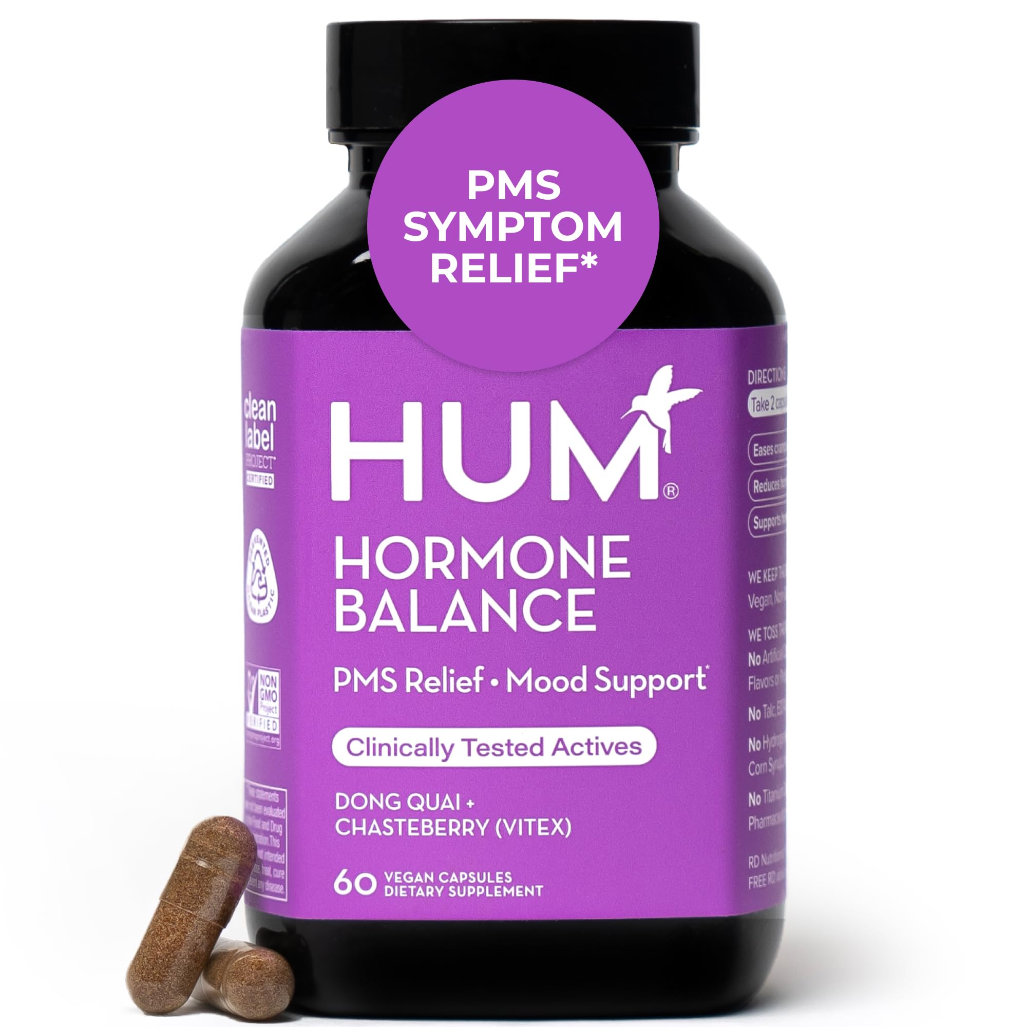 HUM Hormone Balance bottle and capsules for monthly support.
