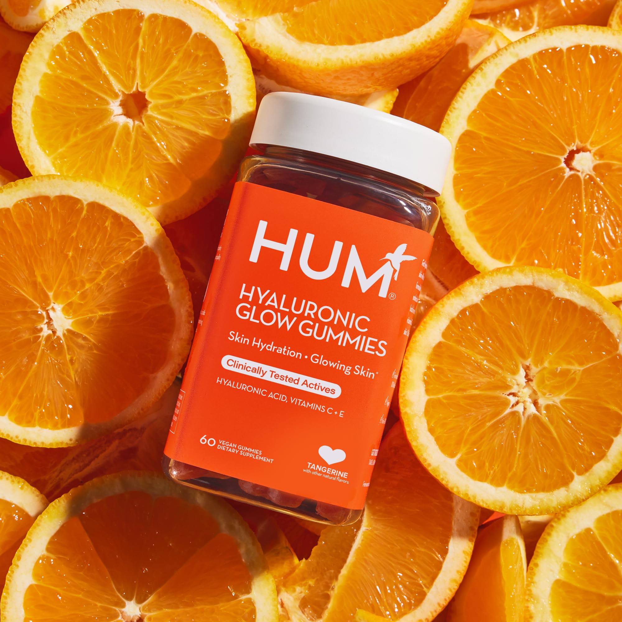 HUM Hyaluronic Glow packaging with 60 vegan gummies