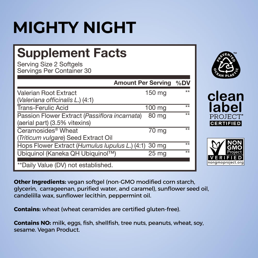 Hum Mighty Night ingredients CoQ10 highlighted for cellular support for skin.